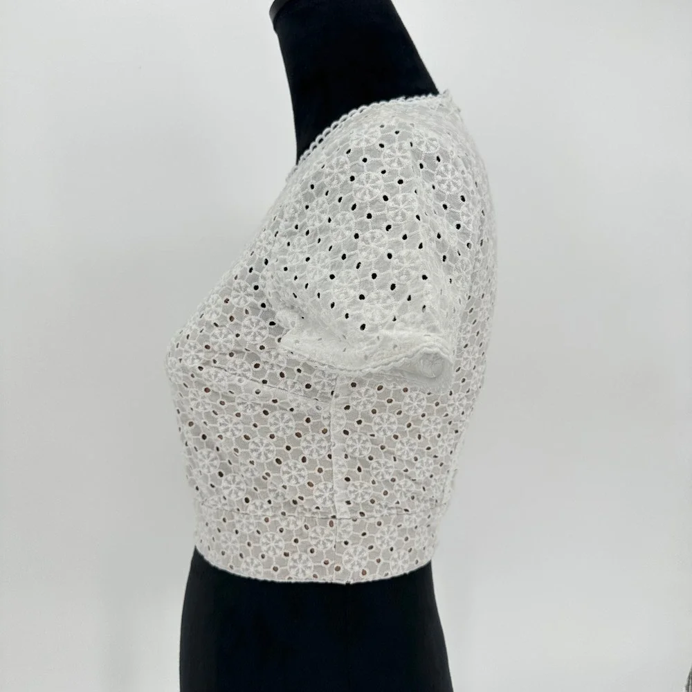 MICHAEL MICHAEL KORS Geo Eyelet Cropped Short Sleeve Top White Size 0‎ XS $155
